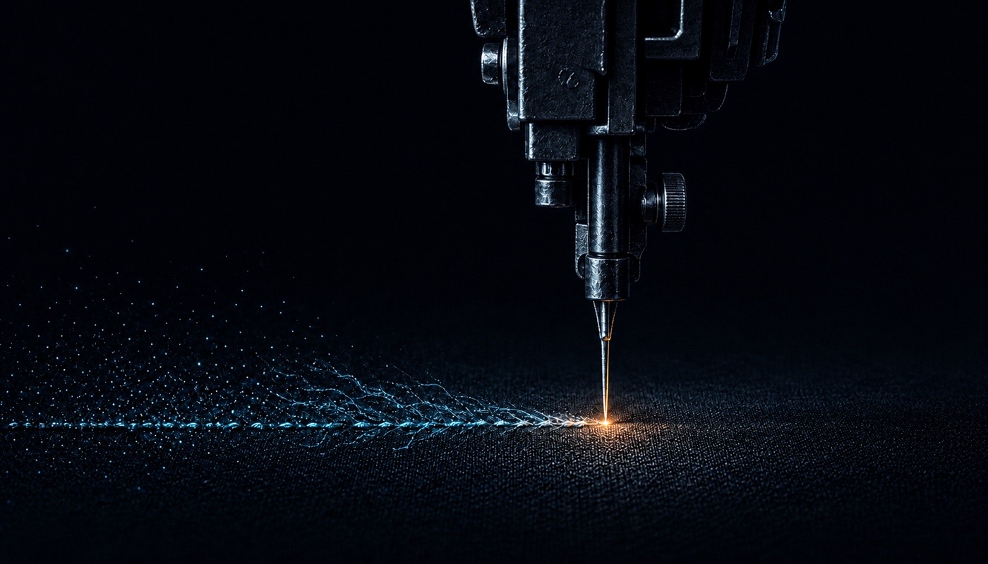 In the dark, a black sewing-machine needle hangs above black fabric. A small amber point glows at the puncture, while a cyan seam dissolves to the left into loose fibers and dots.